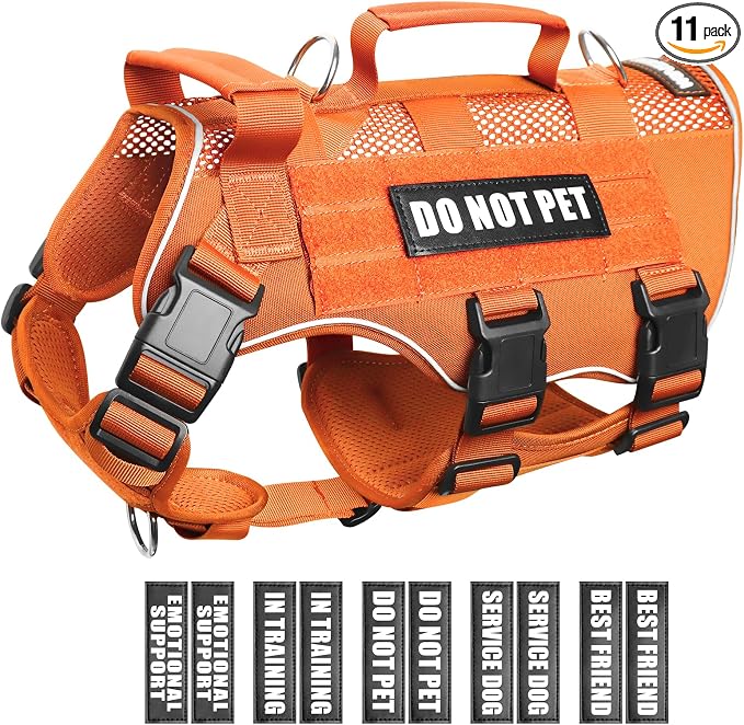 Tactical Molle Vest Mesh Dog Harness with 10 Removale Pet Patches | Breathable Service Dog harness with Double Soft Padded Handle for Medium Dog, Reflective Military Pet Vest for Walk Hiking