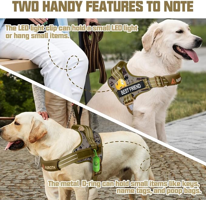 AUROTH Dog Harness for Large Dogs No Pull Tactical Harness and Leash Set | with Leash Clips, LED light clip, Breathable Mesh Padded No Choke, Easy Walking and Training, Desert Camo, Large