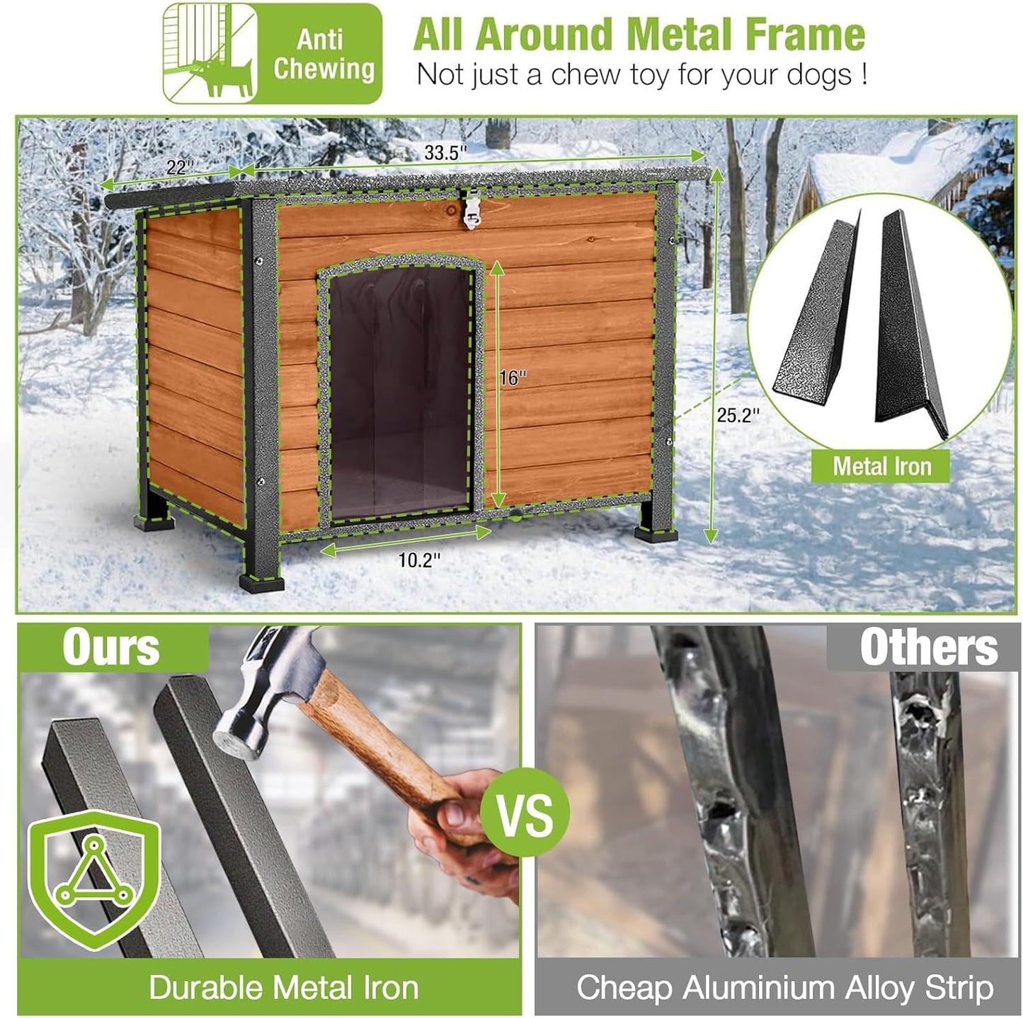 GUTINNEEN Heated Dog House Outdoor 35.5" Large Dog Kennel with Metal Frame Insulated Dog Crate Cage for Large Dogs Outside with Heater and Insulated Liner, Brown