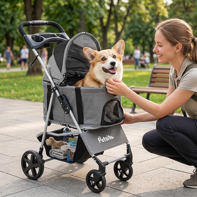 PETSITE 3-in-1 Pet Stroller for Small Medium Dogs, One-Click Foldable Dog Stroller with Detachable Carrier, Cup Holder & Storage Basket, Safety Leash, One-Step Rear Brake, Breathable Window (Grey)