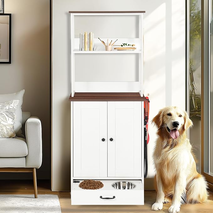 Pet Feeding Station Storage Cabinet with Bowls and Rack, Adjustable Panel,Pet Feeder Station for Dogs Cats for Feeding & Watering Supplies with 2-Level Shelving
