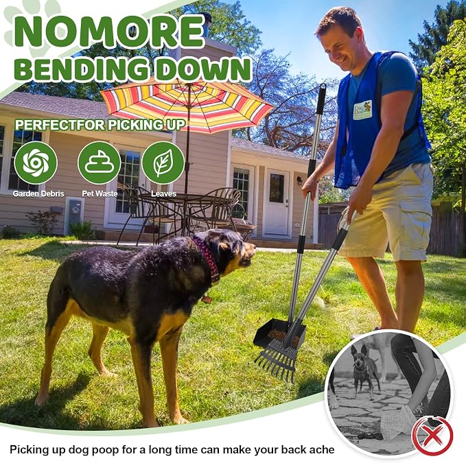 Pooper Scooper, Dog Pooper Scooper Long Handle Stainless Metal Tray Shovel and Rake Set for Medium Small Dogs Heavy Duty， Use for Grass, Dirt or Gravel