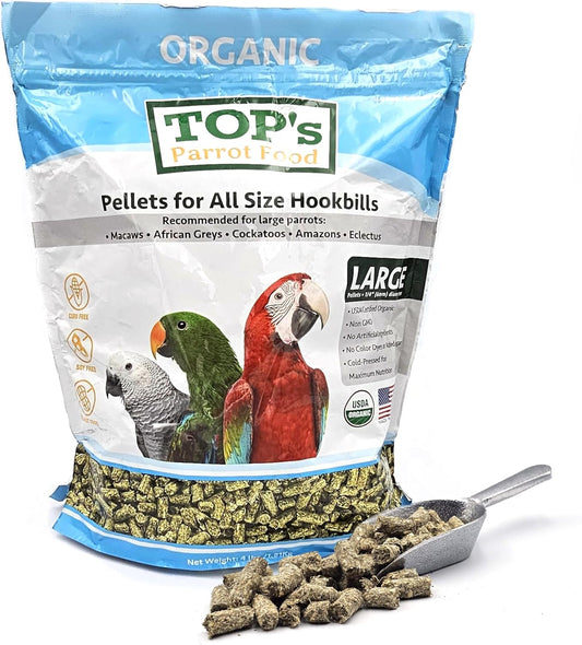 TOP's Parrot Food Pellets Hookbills, Small, Medium and Large Parrots - Non-GMO, Peanut Soy & Corn Free, USDA Organic Certified - 4 lb / 1.81 kg