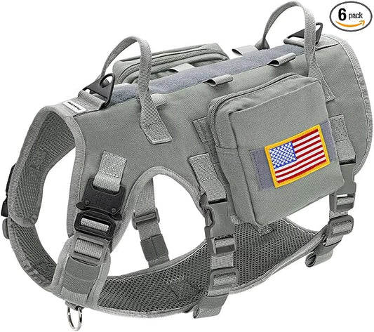 Forestpaw Tactical Dog Harness Pouches and Patches Set,L,Gray | Adjustable Fits 27-40" Chest,70-140 lbs,No Pull Military Style Service Dog Vest for Daily Walking Training,Medium Large Dogs