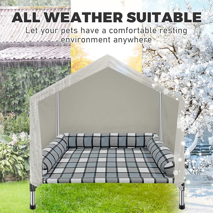 Elevated Dog Bed House with Canopy & Bolster, 2-in-1 Outdoor Raised Dog Cot | Weatherproof Cooling Indoor Pet Cot with Pillow, Portable Tent Dog Cot with Stainless Steel Frame & Sunshade Fabric