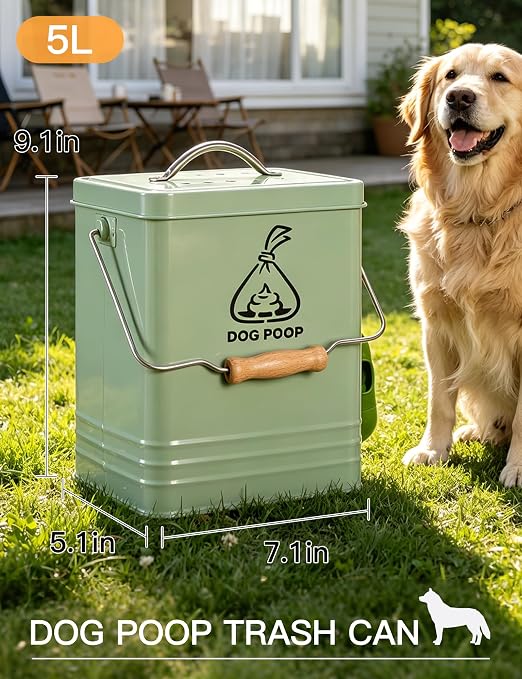 Dog Poop Trash Can Outside, Metal Pet Waste Trash Can with Lid & Handle, 5L/1.3Gal Dog Waste Station with Bag Holder & 30 Bags(Green)