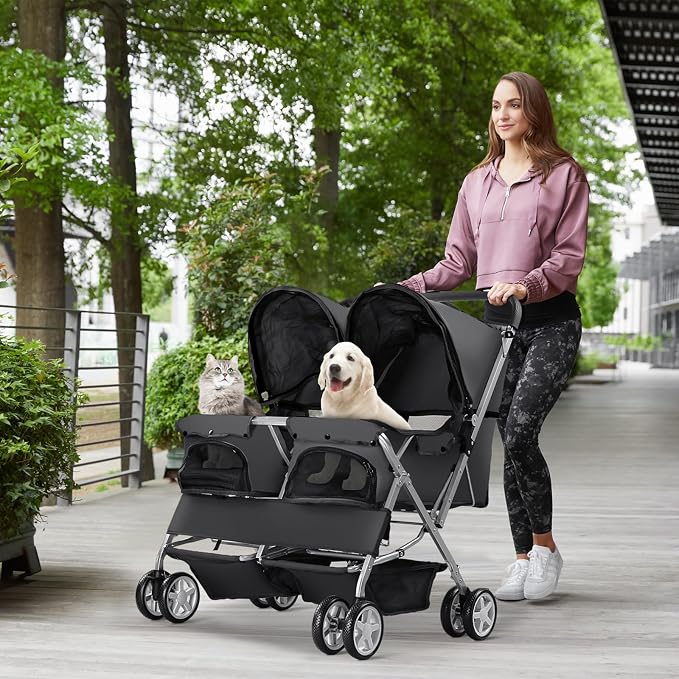 Double Pet Stroller for 2 Dogs & Cats, Side-by-Side, Black | Foldable Two-Seater with Separate Cabins, 44 lb Capacity, Dual Baskets and Safety Tethers for Walks, Travel and Vet Visits