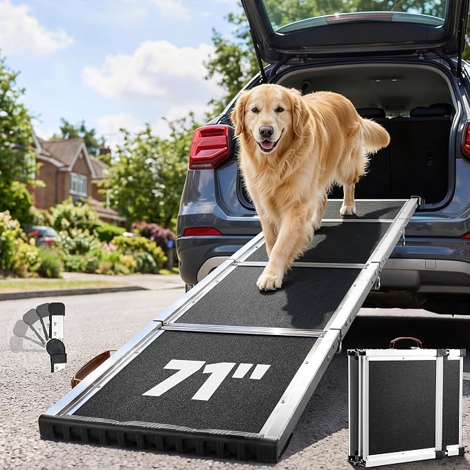 71”Dog Ramp for Car SUV Truck with Adjustable Head | Aluminum Alloy Dog Ramp, Foldable Outdoor Pet Ramp,Up to 200 LBS,Non-Slip Surface Dog Ramps