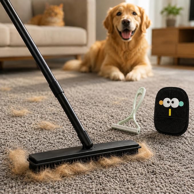 GOOGO Pet Hair Removal Kit with Carpet Rake, Black | black carpet rake and scraper kit, rake and scraper tool combination, for pet hair on carpet and fabric surfaces