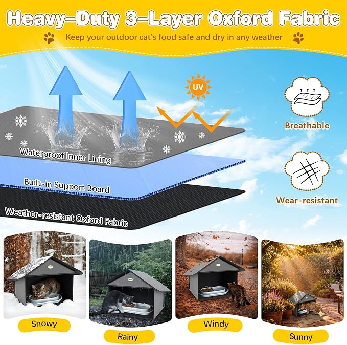Weatherproof Outdoor Cat Feeding Station with 2 Bowls 32oz | Waterproof 3-layer Oxford fabric. Ant-proof bowls with moat. 17x16.5x12.6in. Tool-free assembly in minutes.