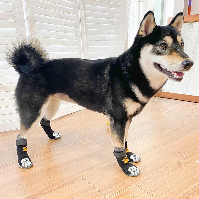 PUPTECK Anti-Slip Dog Socks with Double Sides Grips for Small Medium Large Dogs Hardwood Floors Prevents Licking, Dog Shoes for Hot Pavement Traction Control Paw Protector for Senior Dogs,Golden Paw L