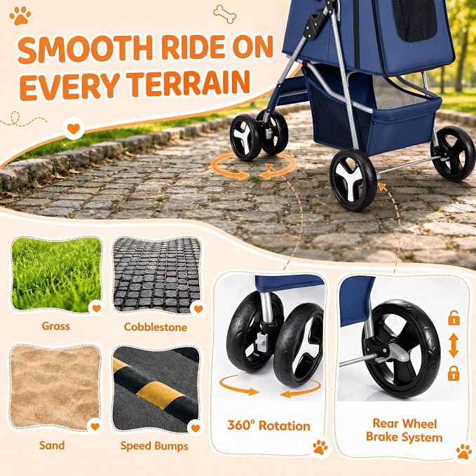ZENY Foldable Pet Stroller, Cat/Dog Stroller with 4 Wheel, Pet Travel Carrier Strolling Cart with Storage Basket, Cup Holder (Navy Blue)