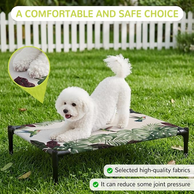 Outdoor Elevated Dog Bed for Large Dogs, Summer Hummingbirds Breathable Cooling Raised Dog Cot for Indoor/Outdoor, Tropical Palm Leaves Farmhouse Rustic Waterproof Elevated Pet Beds, L 28 x 22 in