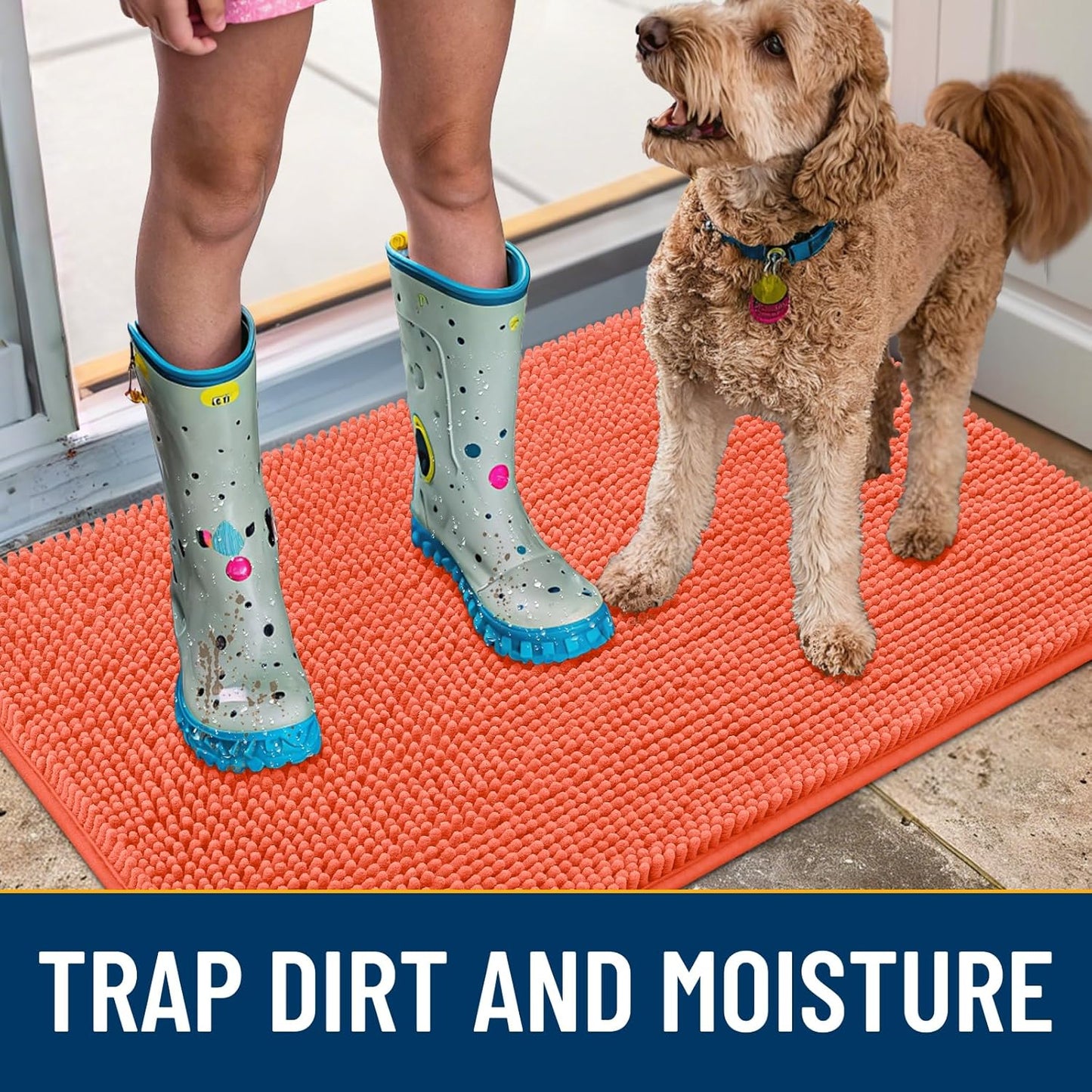 Smiry Dog Door Mat for Muddy Paws 30x20, Absorbs Moisture and Dirt Doormat, Non-Slip Washable Quick Dry Chenille Front Door Mat Indoor Entrance, Entryway Carpet for Inside Floor, Coral