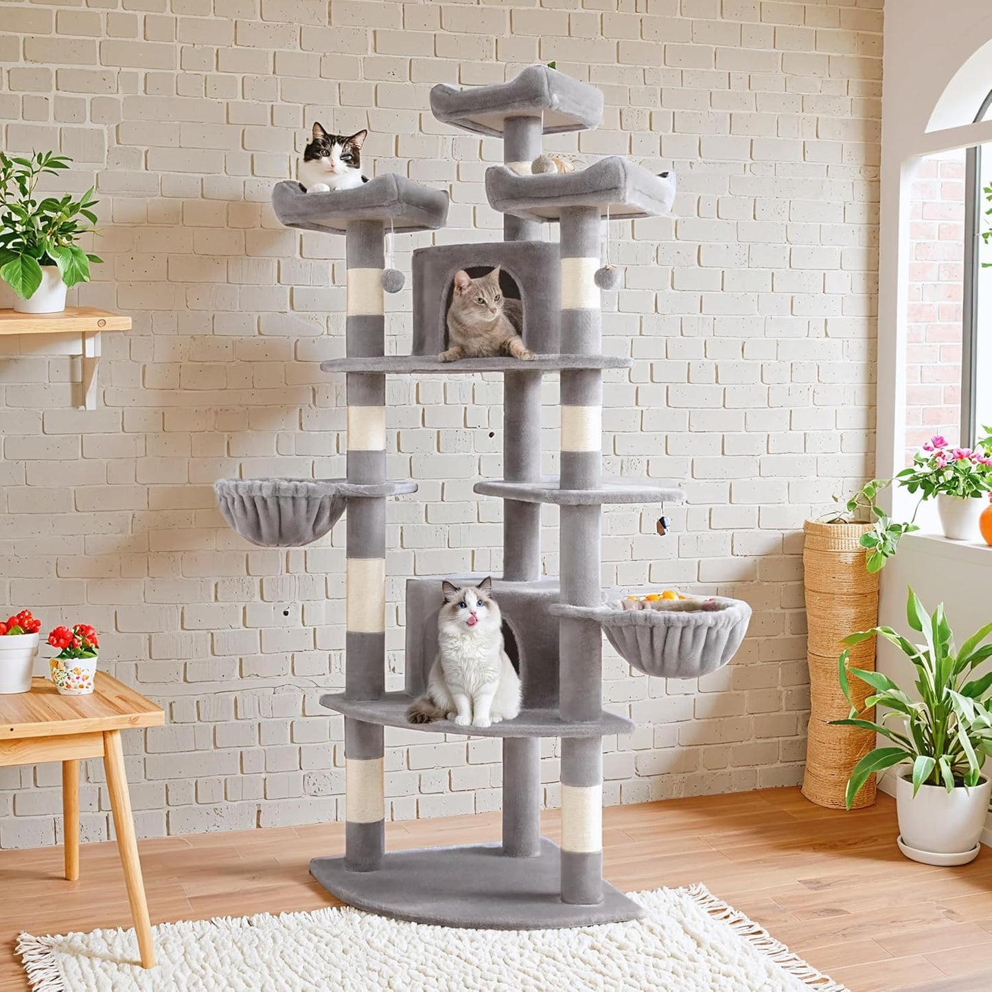 SHA CERLIN 73" Space-Saving Cat Tree/Multi-Level Tall Cat Tower with Perches/Scratching Posts/Condo & Hanging Baskets/Modern Fan-Shaped Design for Indoor Kitties/Pet Activity House/Grey