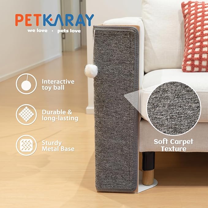 PETKARAY Carpet Cat Scratching Post for Couch Corner, Furniture Protector | Under-Furniture Carpet Scratcher, Cat Scratch Pad, Scratching Board & Mat for Indoor Cats with Toy Ball
