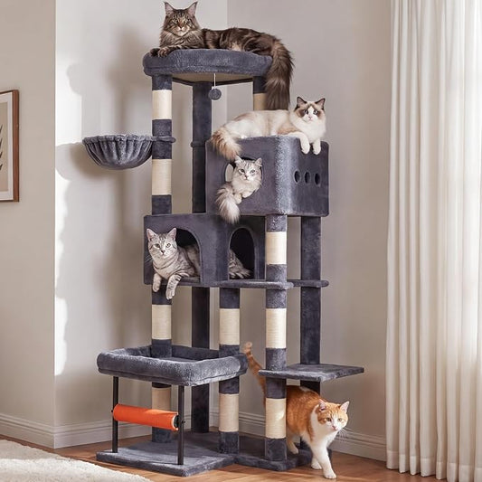Hey-brother Cat Tree, 68.5 inch Cat Tower with L-Shaped Extended Base, Multi-Level Plush Furniture with 2 Spacious Candos, 2 Platforms, 11 Scratching Posts, Hammock and Toy Ball, Smoky Gray MPJ086G