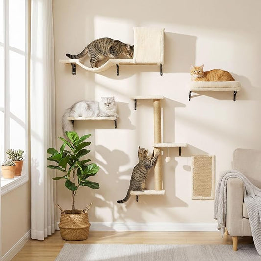 MEWANG 5-in-1 Cat Wall Shelves: Cat Climbing Furniture with Wall Mounted Perch & Lounge for Indoor Cats, Space-Saving Wall Pet Shelves for Play & Rest - Beige