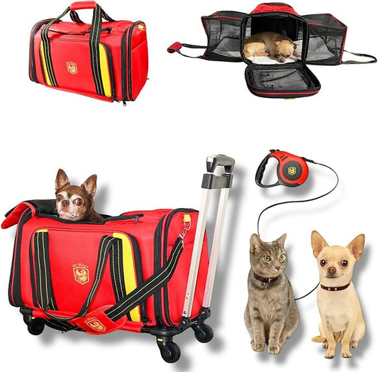 MY LEGACY Expandable Pet Carrier with Wheels & Matching Leash – Airline Compliant Cat & Small Dog Carrier, Fits Under Most Airplane Seats for In-Cabin Travel, Soft-Sided Collapsible, Pets Up to 18 lbs