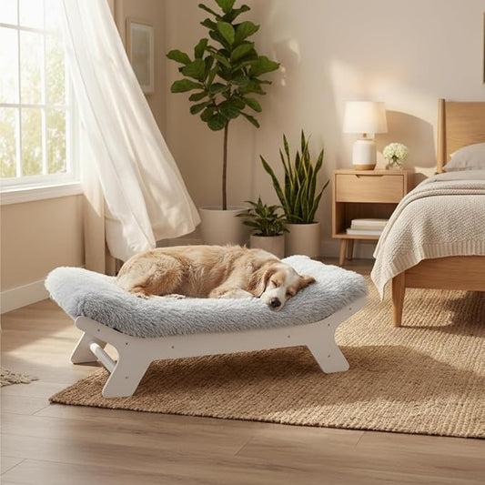 Elevated Wood Dog Bed Frame Mat Set, Whitecolor, Large | Raised Sturdy Attractive Dog Sofa Couch Furniture,80 lb