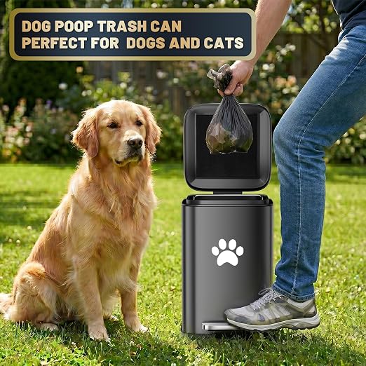 Small Dog Poop Trash Can Outside with Odor Control Lid, 5L/1.3Gal Metal Step Pedal Waste Bin & Removable Inner Bucket, Includes 30 Trash Can Bags, Indoor/Outdoor/Yard Dog Waste Trash Can (Black)