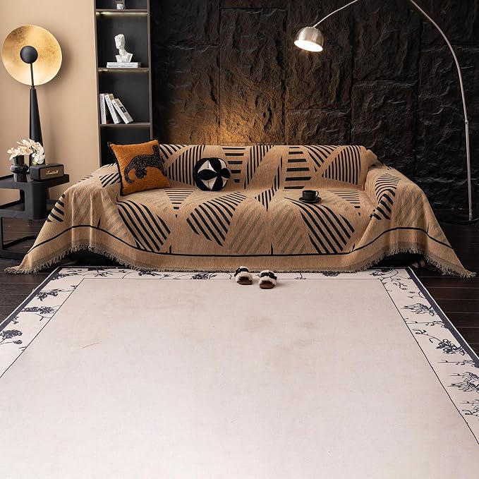 VClife Couch Cover Boho Style Sofa Cover for Dog, Modern Chenille Couch Cover for 3 Cushion Couch Sofa, Non Slip Brown Geometry Couch Protector with Tassel Sofa Slipcover Throw, 71"X134"