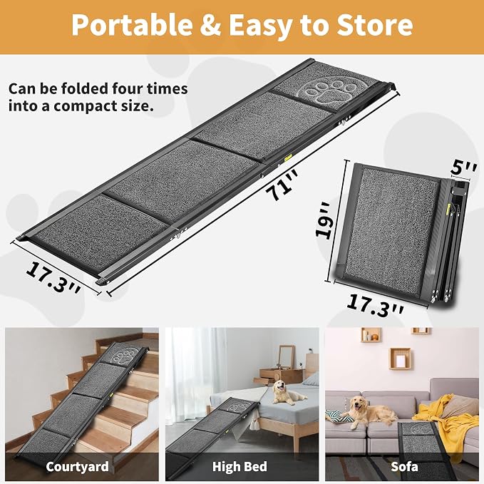 Dog Ramp for Large Dogs, 71'' Extra Long for High SUV Car & Truck | 71" x 17.3" Wide, Non-slip Surface, Supports 250 lbs, Foldable Outdoor Pet Ramp