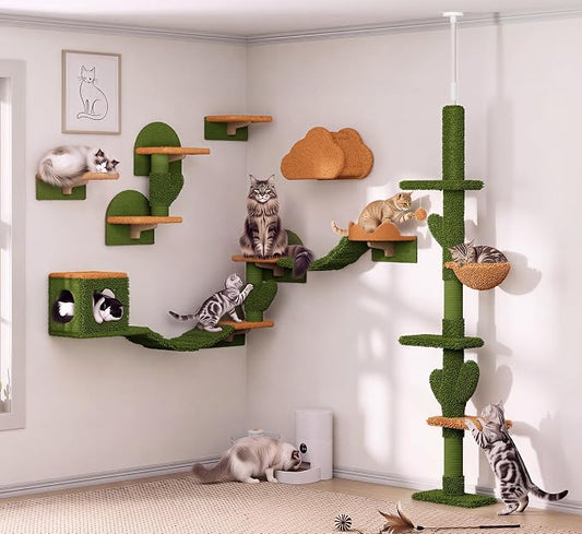 Cactus Cat Climbing Furniture Set with Floor to Ceiling Cat Tree | 5 Tier Cat Tower Adjustable Height (87-104in) and Wall Mounted Cat Shelves, with Cat Scratching Posts, Hammock, Condo, Green