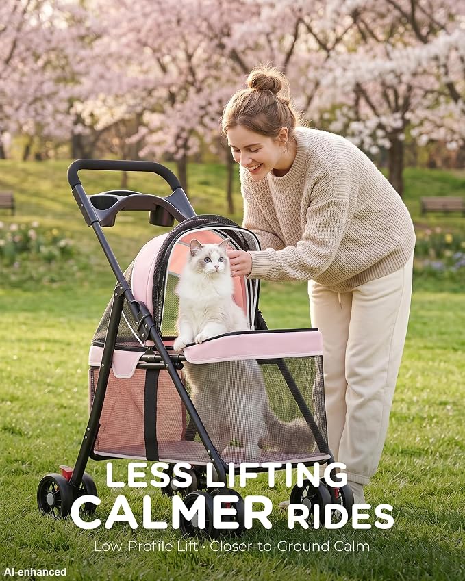 GTPLAYER Foldable Pet Stroller for Small Dogs and Cats, Holds Up to 33 lb, 4 Wheel, Full Mesh Ultra Breathable, Safety Tethers, Cup Holder & Poop Bags Included, Pink