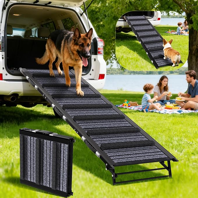 TNELTUEB Adjustable Dog Ramp, Folding Portable Pet Ramp, Rated for 30 LBS | 32.6" Long and Adjustable from 10" to 19" with Non-Slip Traction Mat, Dog Step for Bed, Couch,Car (55"-Grey)