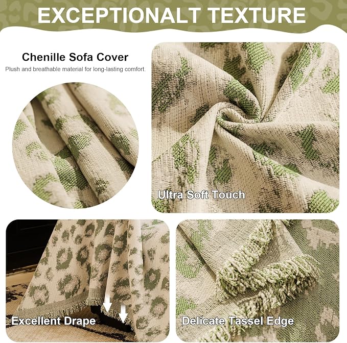 VClife Aesthetic Leopard Couch Cover for Dog, Washable Sofa Cover for Oversize Couch, Aesthetic Green Animal Theme Furniture Protector, Comfortable All Season Couch Slip Cover Futon Cover for Sofa