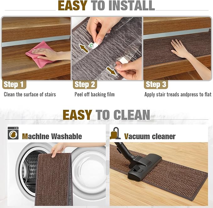 Stair Treads Non Slip for Wooden Steps Indoor 9" x 36" 15 Pack Extra Wide Stairs Tread Carpet Runner, Step Pads with Reusable Adhesive for Dogs Kids Elders, Machine Washable, Brown