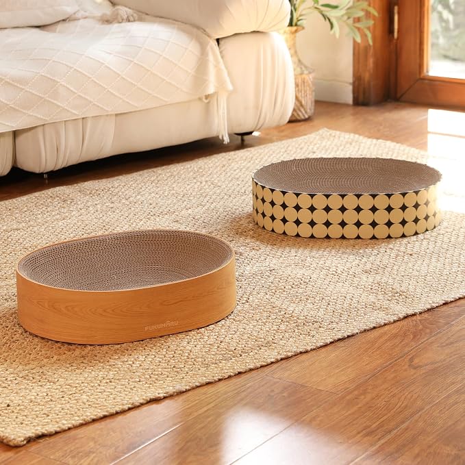 FUKUMARU Cardboard Cat Scratcher Bed, 2-in-1 Oval Cat Scratch Pad | Cats Scratching Board Lounge Bed Indoor, Durable Modern Kitty Scratcher Bowl, Cats Scratch Furniture Protector, Wood Color