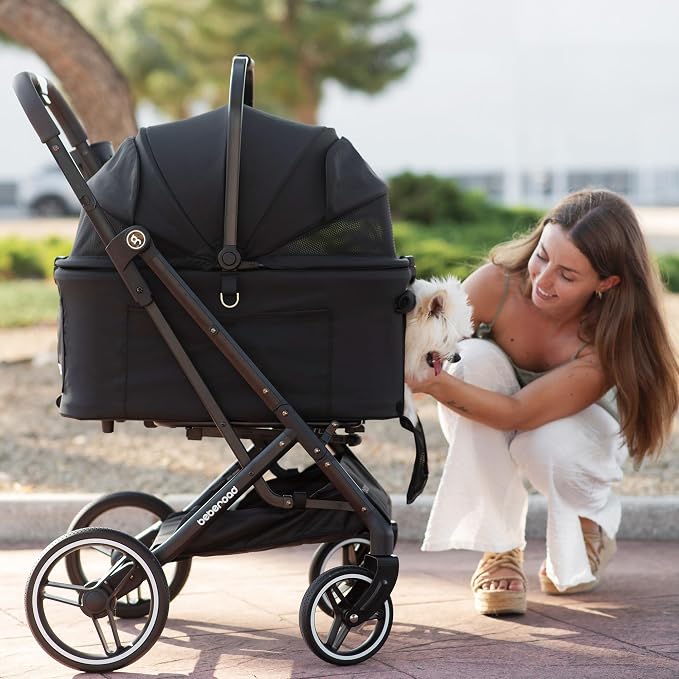 BEBEROAD X3 2 in 1 Pet Stroller for Medium or Two Small Dogs & Cats 4 Wheels Lightweight Foldable Carrier Dog Stroller with Waterproof Weather Cover Cup Holder,Storage Basket(Camel)