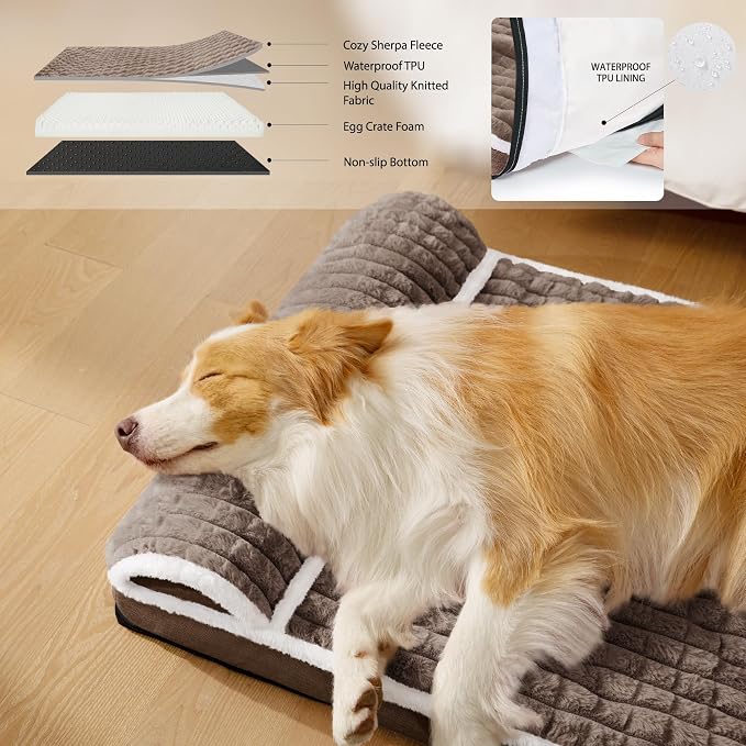 Orthopedic Large Dog Bed Pillow Pet Sofa Bed 42''X28'' Taupe | Egg-Crate Foam Pet Couch Large Sized Dog, Waterproof Removable Washable Cover,Furry Puppy Crate Mat With Nonskid Bottom