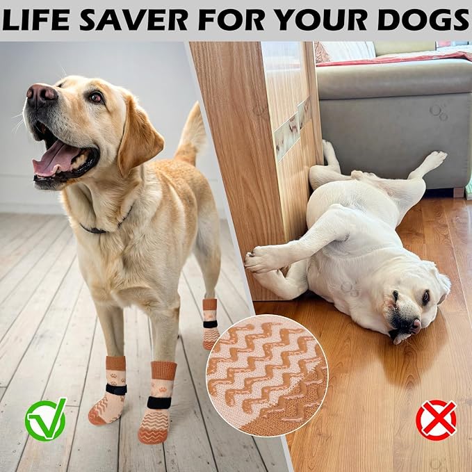 EXPAWLORER 6Pcs Anti Slip Dog Socks to Prevent Licking Paws, Dog Shoes for Hot Pavement Double Sides Dog Boots & Paw Protectors Booties for Hardwood Floors with Grip Small Medium Large Senior Dogs, L