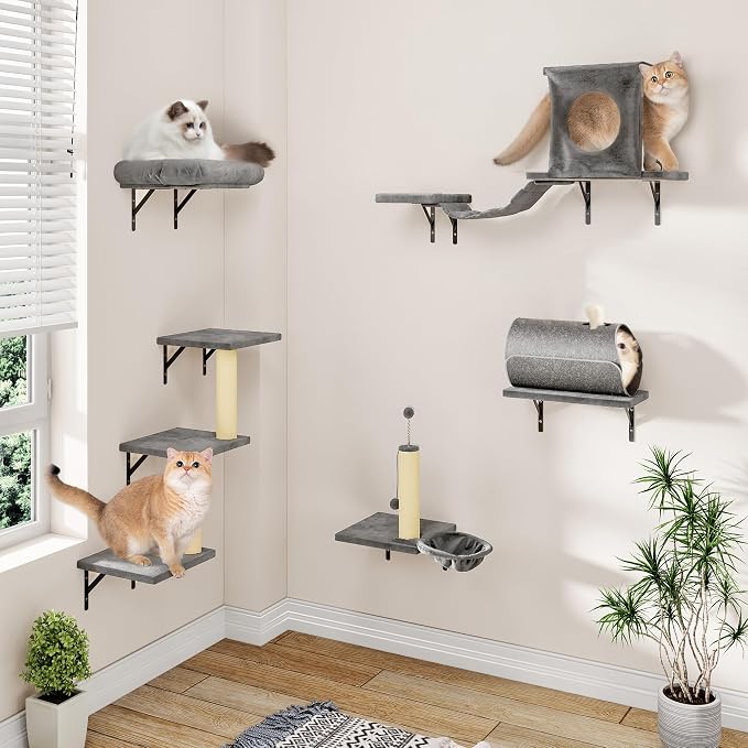 7-in-1 Cat Wall Shelves, Space-Saving Wall Mounted Cat Shelves, Cat Climbing Wall Systems for Play & Rest Includes Tunnel, House, Bridge, Steps, Scratcher, Hammock, Shelves, Gray