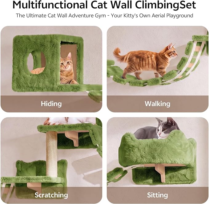 Cat Wall Furniture, 9 in 1 Cat Wall Shelves Set with Bridge, Green | Wall Mounted Cats Shelf for Space-Saving, Multi-Level Cat Climbing Systems for 16 Inch Drywall, with Scratching Posts, Condos