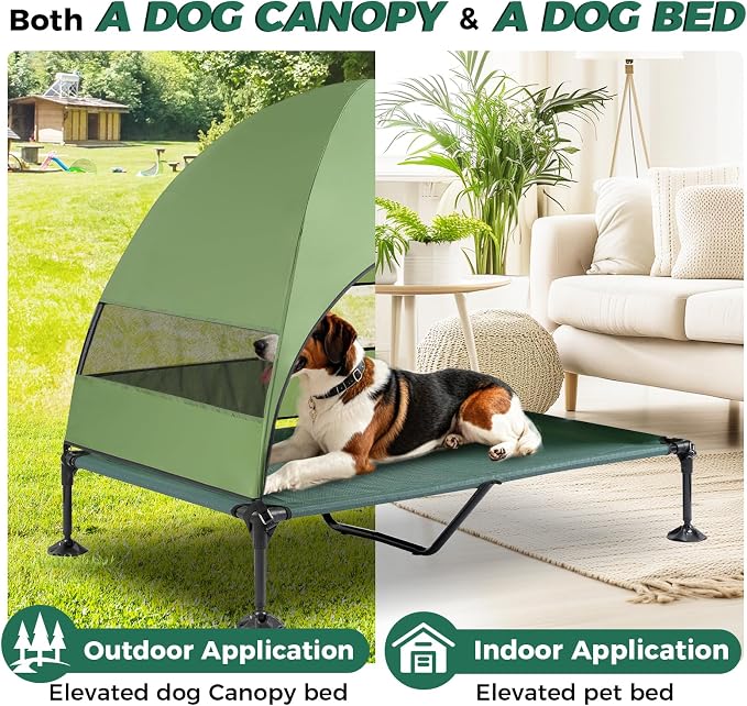 Outdoor Elevated Dog Bed with Canopy for Large Dogs, Green, XL | Breathable Raised Cot with Shade, Tool-Free Setup for Patios, Backyards and Camping