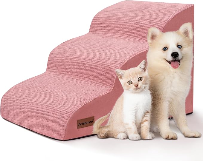 Dog Stairs for Small Dogs, 3-Step Pink Pet Ramp for Couch, Cats & Puppies | Aodisman Elegant Pink Pet Stairs Designed for Small Dogs and Cats, Providing Easy Access with Comfort and Style, 15.7" H