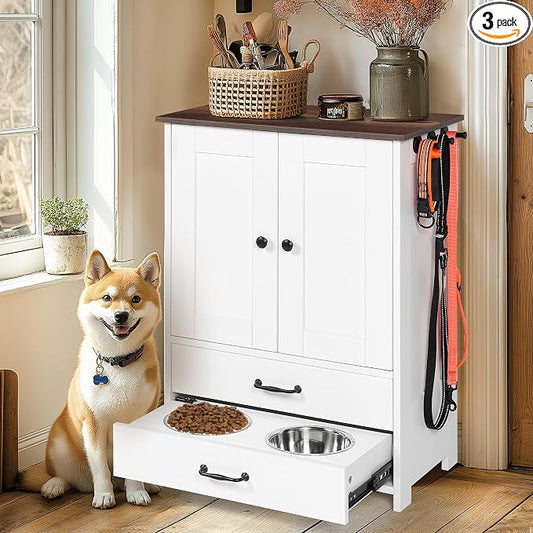 Dog Feeding Station with Double Door Locker, 2 Dog Bowls, 3 Hooks, Dog Food Storage Cabinet, Cat Feeding Dtation, Space-Saving Pet Food Storage Organizer for Indoor Outdoor, White