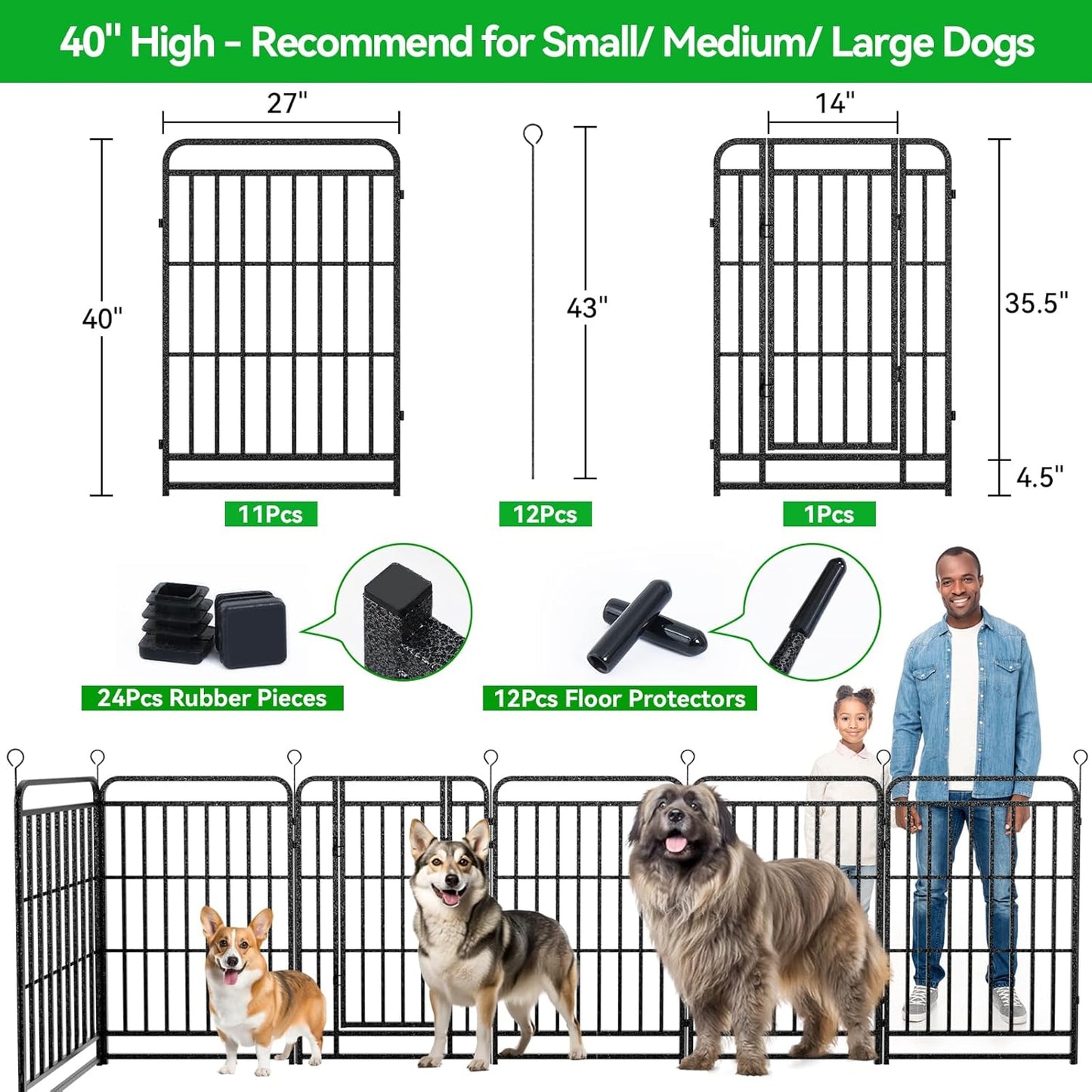 Dog Playpen Outdoor 12 Panels Heavy Duty Dog Fence 40" Height with Thick Pipe Anti-Rust with Doors Portable for RV Camping Yard, Total 27FT, 57 Sq.ft, Snowy Black