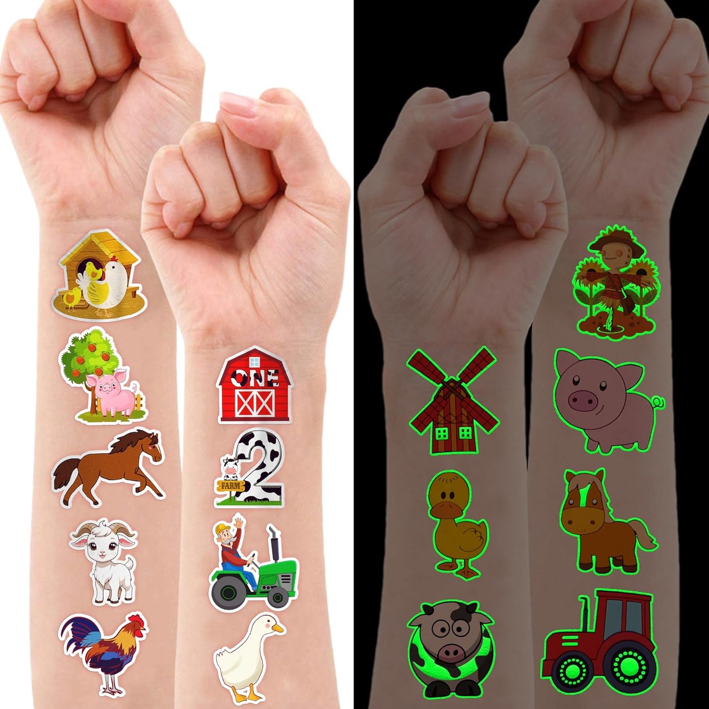 96 PCS Farm Barnyard Animal Glow In The Dark Pre-Cut Temporary Tattoos Sticker 1st First 2nd Birthday Decorations Party Favors Supplies Gift Boy Girl Farmhouse Tattoo School Reward Themed (Luminous)
