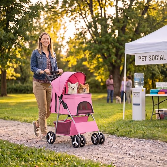 ZENY Foldable Pet Stroller, Cat/Dog Stroller with 4 Wheel, Pet Travel Carrier Strolling Cart with Storage Basket, Cup Holder (Pink)