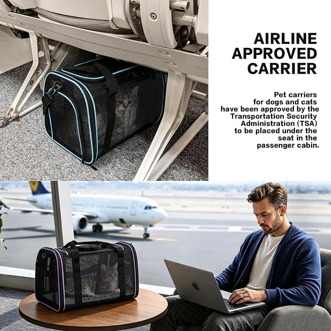 Cat Carrier, Soft-Sided Pet Carrier Bag, Breathable Mesh, Black (Purple, 20 * 13 * 13)