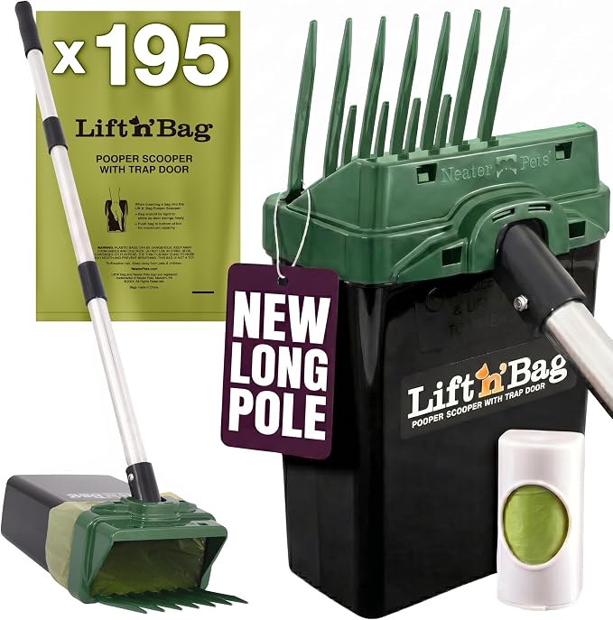 Neater Pet Brands Lift N’ Bag 2.0 Dog Pooper Scooper with Bag Attachment & 31" Pole for Small to Large Dogs, New Longer Pole, 195 Refill Bags, Heavy Duty Dog Poop Scooper for Yard, One-Hand Use