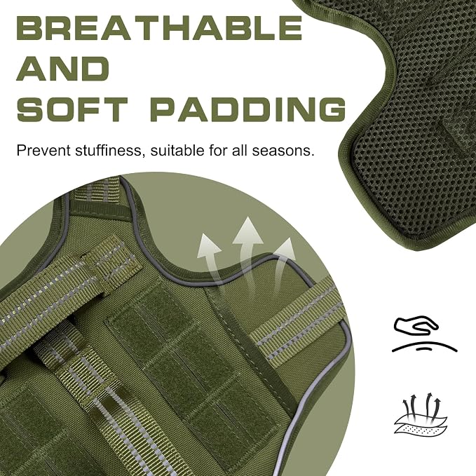Dog Harness, Tactical No Pull for Small Sized Dog with Handle | Breathable Soft Padded, Adjustable, Reflective, Molle System, Heavy Duty, No Choke for Walking Training, Green Small