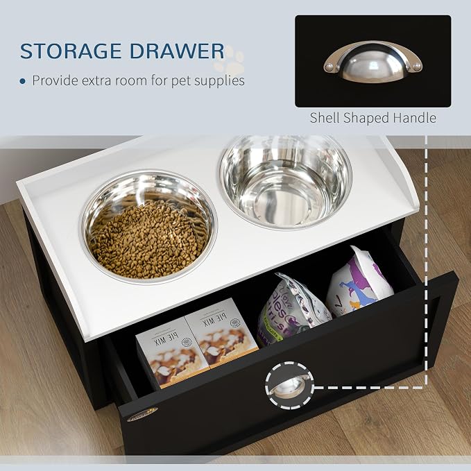 PawHut Dog Feeding Station with Storage Drawer, Elevated Dog Bowls for Large Dogs, White and Black | 2 Removable Elevated Pet Bowls, for Large Sized Breeds