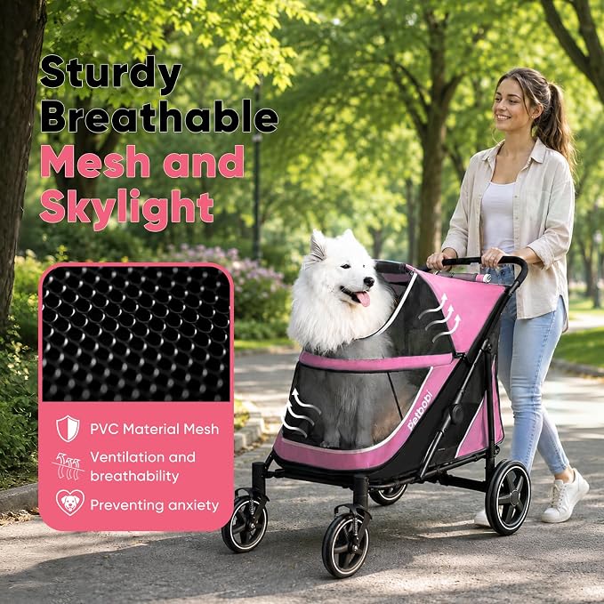 Petbobi Dog Stroller for Large & Medium Dogs - Easy Fold Dual Entry Pet Stroller with One-Foot Brake, All Terrain Wagon Cart with Air Mesh, Ideal for Large Senior Pets up to 80 lbs, Pink