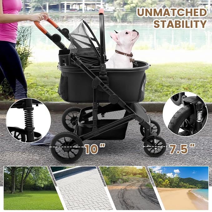 Bicystar Dog Stroller with Detachable Carrier, Rubber Wheels, 50 lbs, Black | 3-in-1 stroller and car seat, real solid rubber wheels, fits 2 small or 1 medium pet, foldable frame